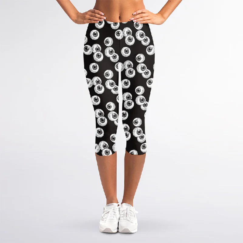 Sneak Peek Sale Black And White Eyeball Pattern Print Women's Capri Leggings