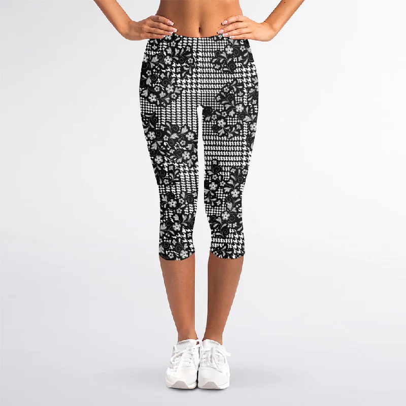 Special Promotion Black And White Floral Glen Plaid Print Women's Capri Leggings