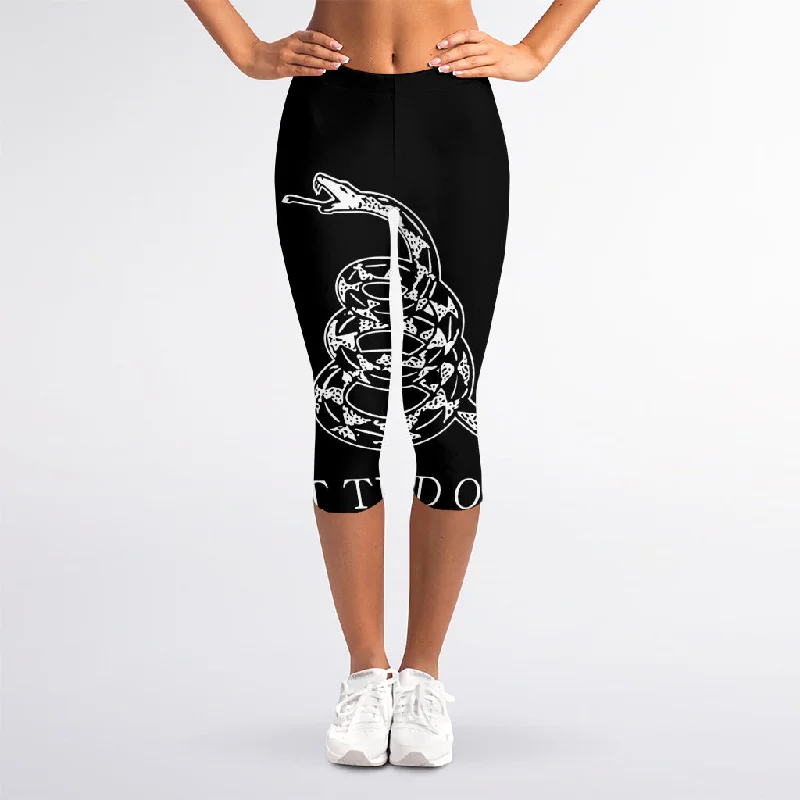 Buy More, Save More Black And White Gadsden Flag Print Women's Capri Leggings