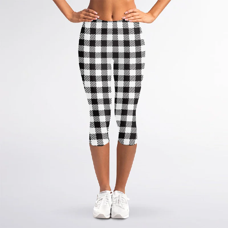 Best Seller Black And White Gingham Pattern Print Women's Capri Leggings