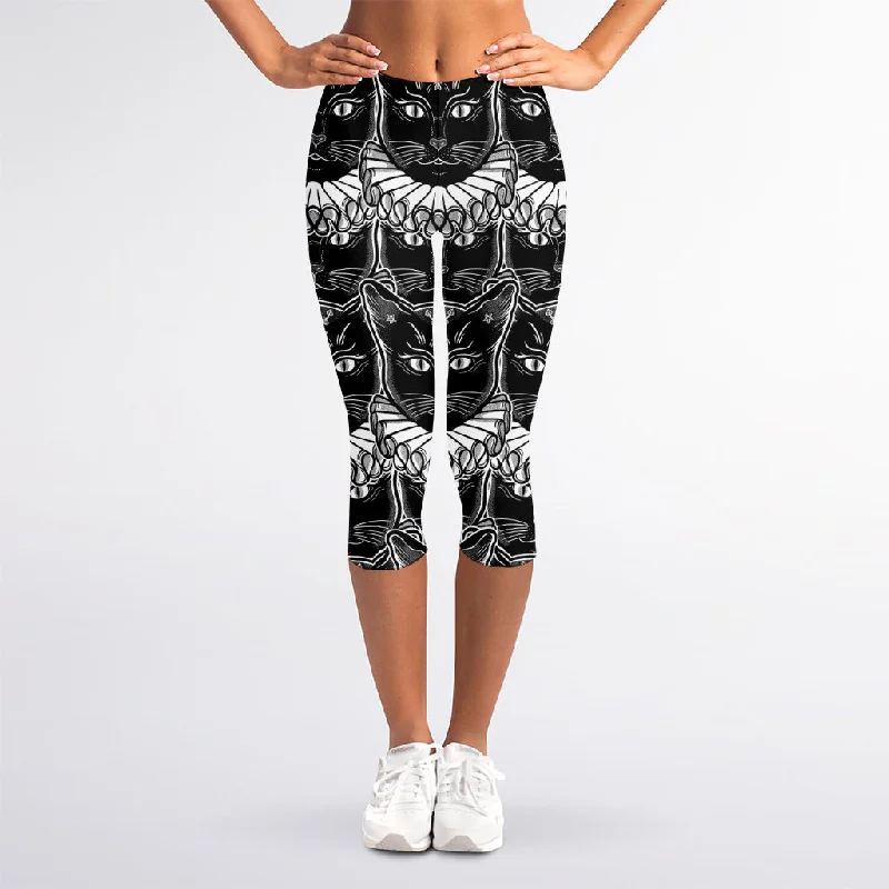 Clearance Sale Black And White Gothic Wiccan Cat Print Women's Capri Leggings