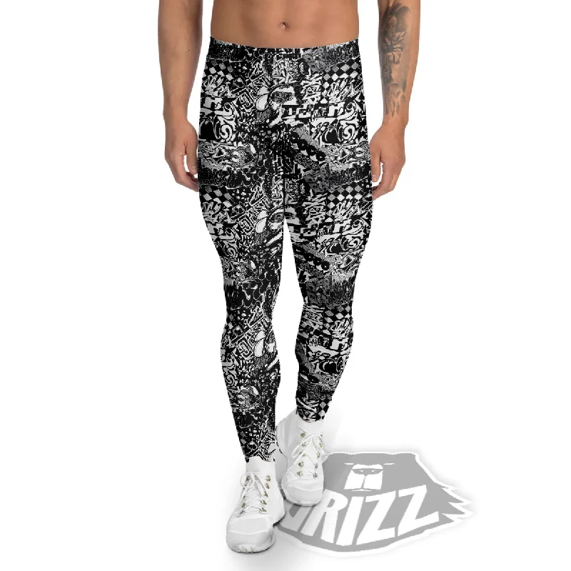 Black and White Graffity Street Art Print Pattern Men's Leggings