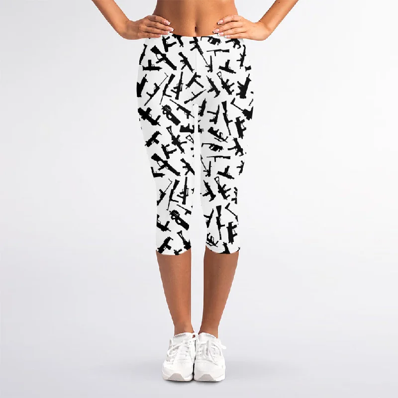 Year-End Clearance Black And White Guns Pattern Print Women's Capri Leggings