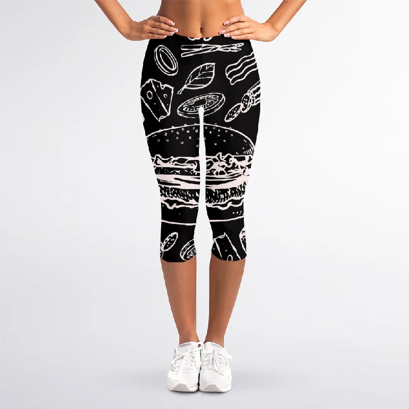 New Markdowns Black And White Hamburger Print Women's Capri Leggings