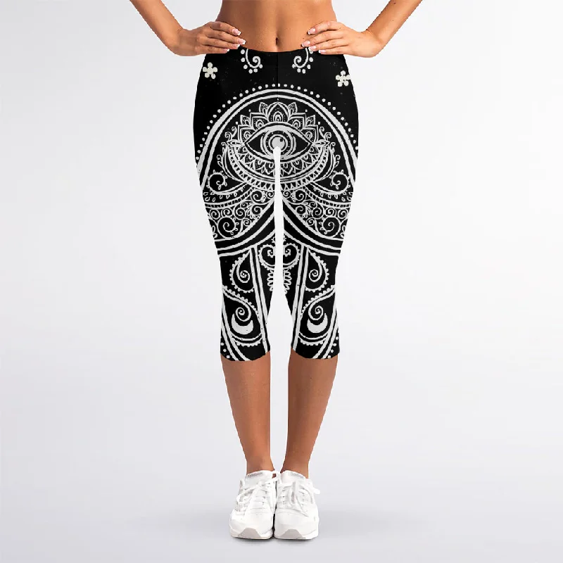 Exclusive Savings Black And White Hamsa Print Women's Capri Leggings