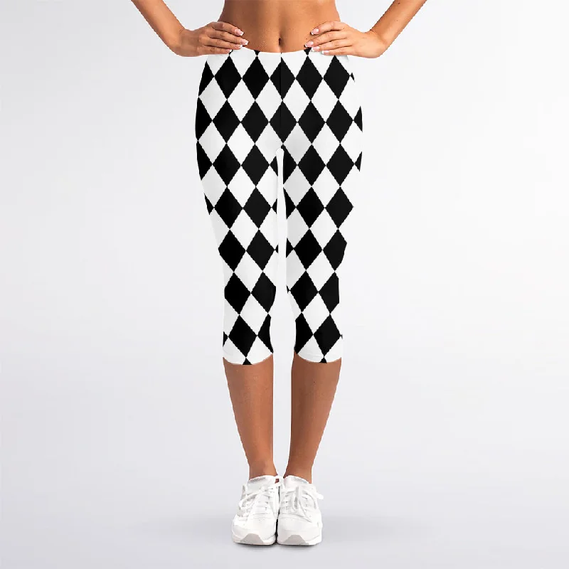 Sale Event Black And White Harlequin Pattern Print Women's Capri Leggings