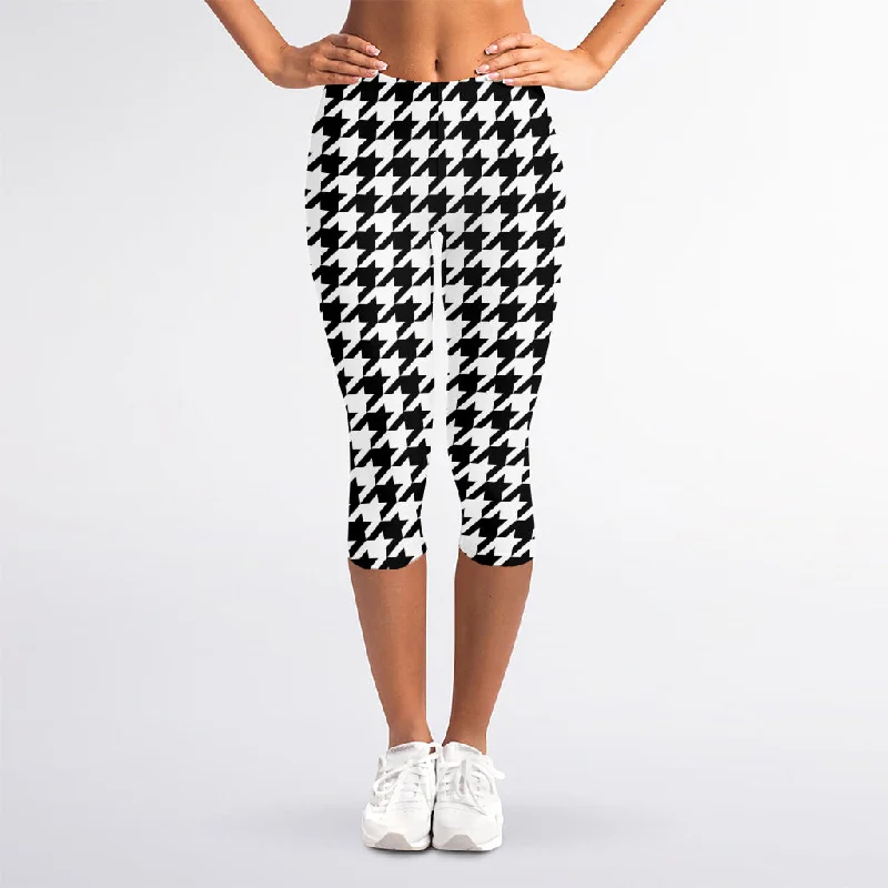 Limited Availability Black And White Houndstooth Print Women's Capri Leggings