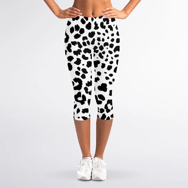 Closeout Black And White Jaguar Pattern Print Women's Capri Leggings