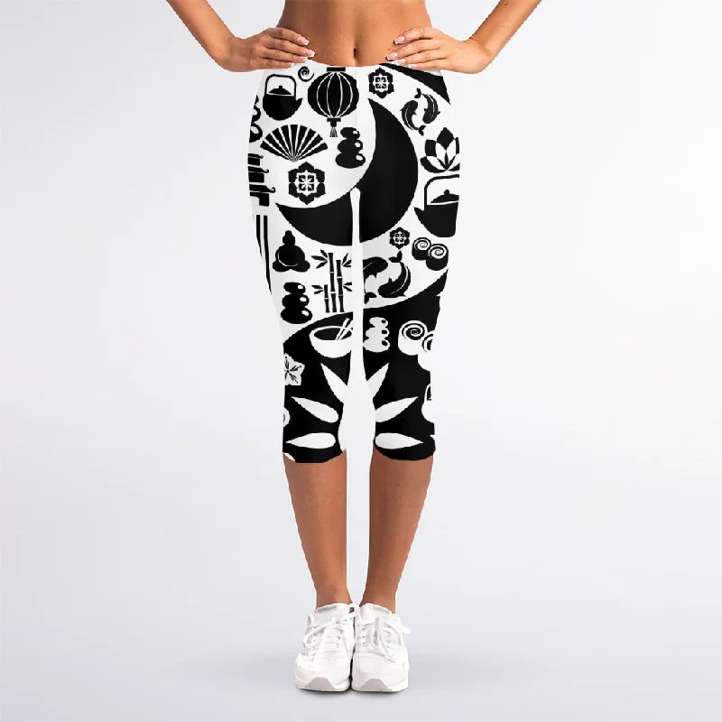 Big Discounts Black And White Japanese Yin Yang Print Women's Capri Leggings