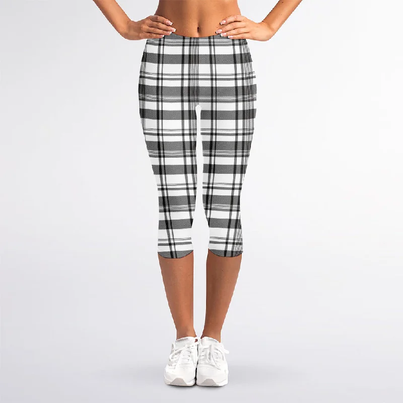 Super Deal Black And White Madras Pattern Print Women's Capri Leggings