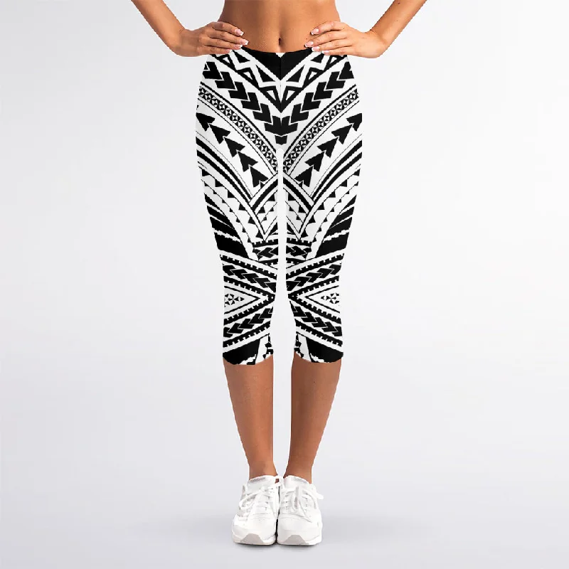 New Markdowns Black And White Maori Tribal Print Women's Capri Leggings