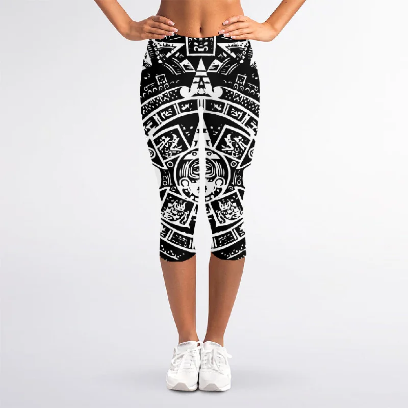 Online Only Black And White Maya Calendar Print Women's Capri Leggings