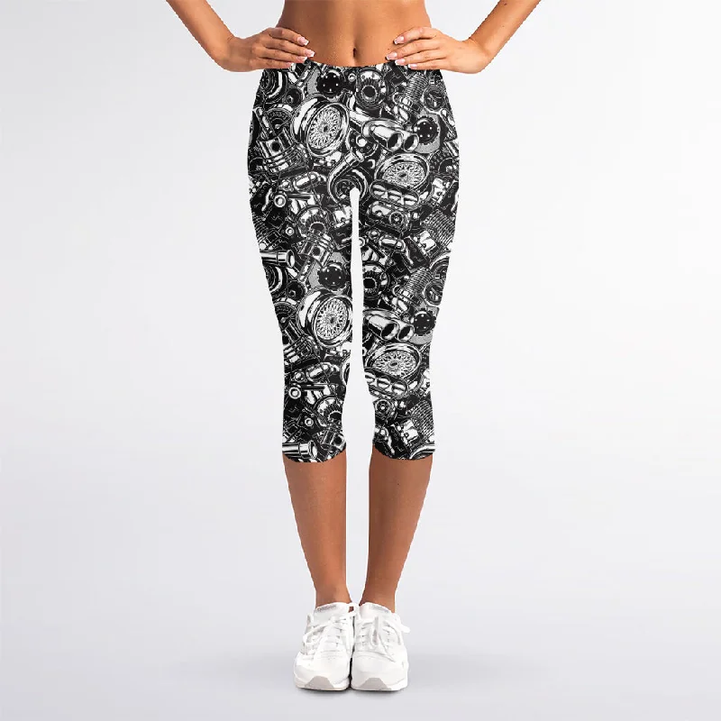 The Best Prices Black And White Mechanic Pattern Print Women's Capri Leggings