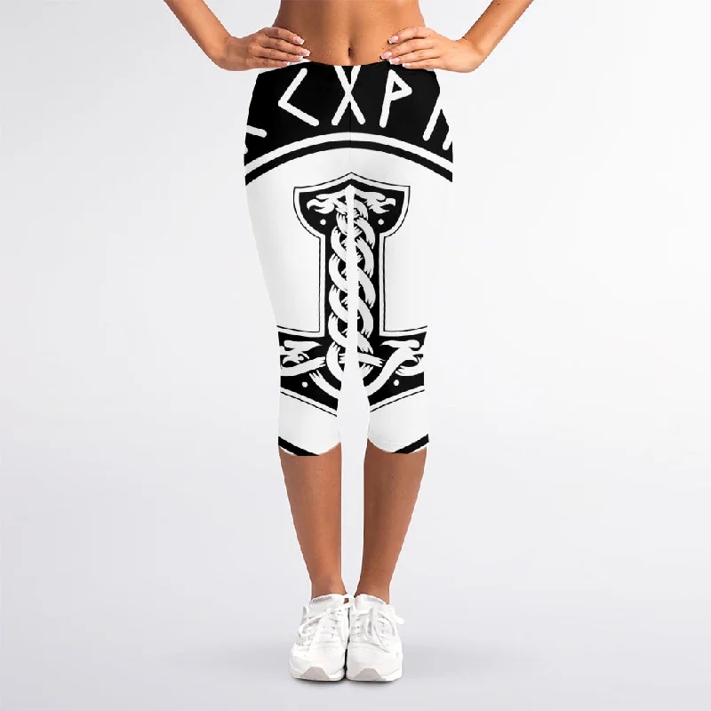 Steals and Deals Black And White Mjolnir Print Women's Capri Leggings