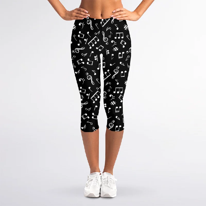 Price Reduction Black And White Music Note Pattern Print Women's Capri Leggings