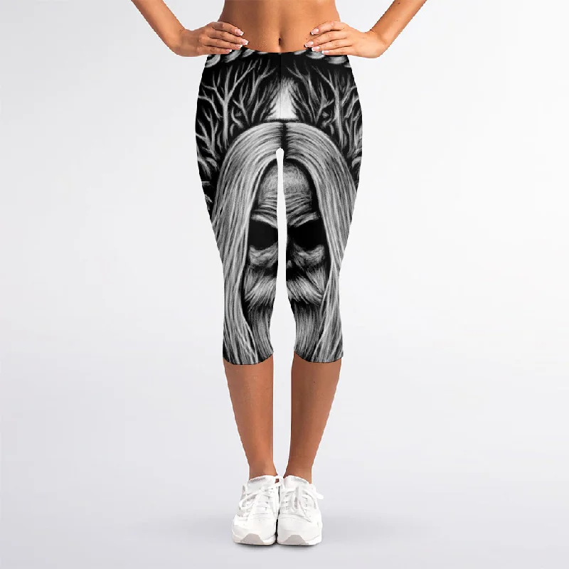 Extra Savings Black And White Odin With Crows Print Women's Capri Leggings