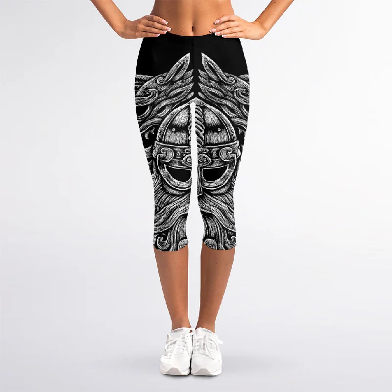 Crazy Deals Black And White Odin With Wolfs Print Women's Capri Leggings