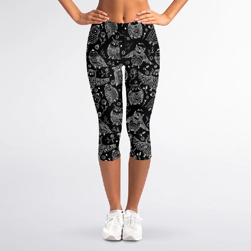 Super Sale Black And White Owl Pattern Print Women's Capri Leggings