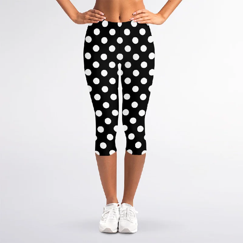 Anniversary Sale Black And White Polka Dot Pattern Print Women's Capri Leggings