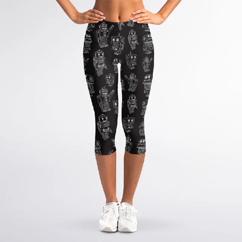 Doorbuster Deal Black And White Robot Pattern Print Women's Capri Leggings