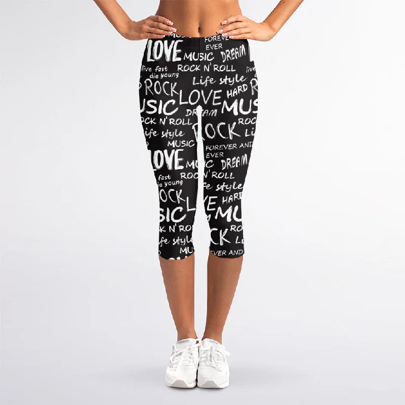 Price Drop Black And White Rock And Roll Print Women's Capri Leggings