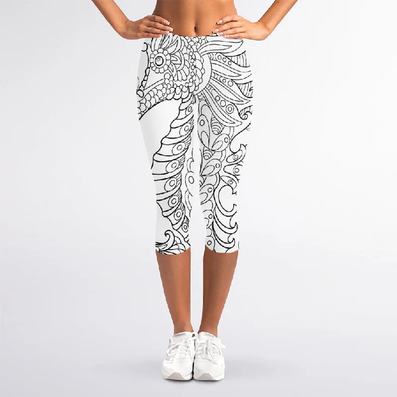 Best Seller Black And White Seahorse Print Women's Capri Leggings