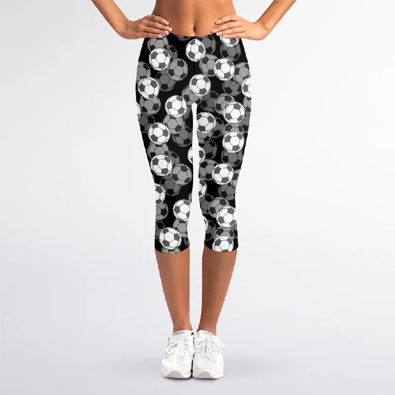 Today’s Deal Black And White Soccer Ball Print Women's Capri Leggings