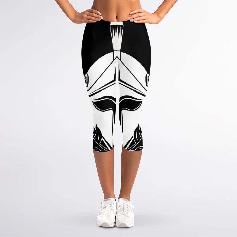 Take Advantage Black And White Spartan Helmet Print Women's Capri Leggings
