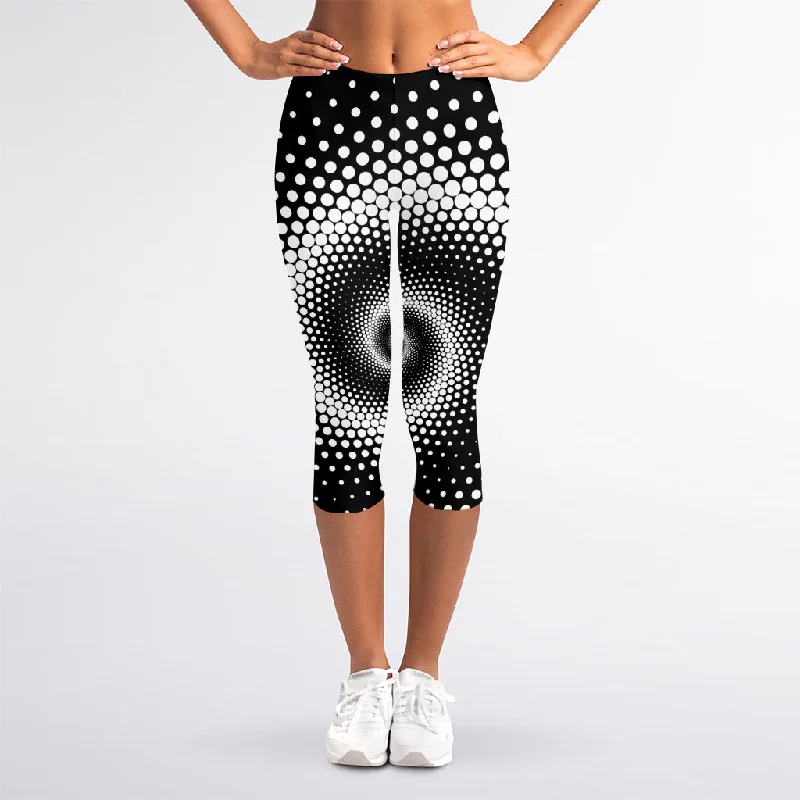 Clearance Sale Black And White Spiral Dot Print Women's Capri Leggings