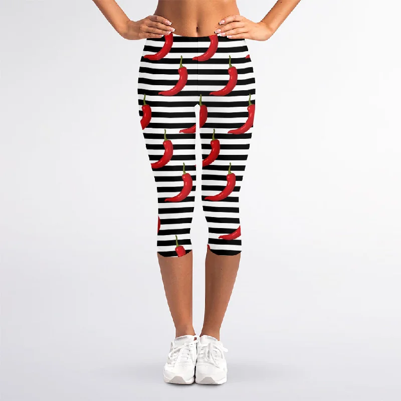 Flash Sale Black And White Striped Chili Print Women's Capri Leggings