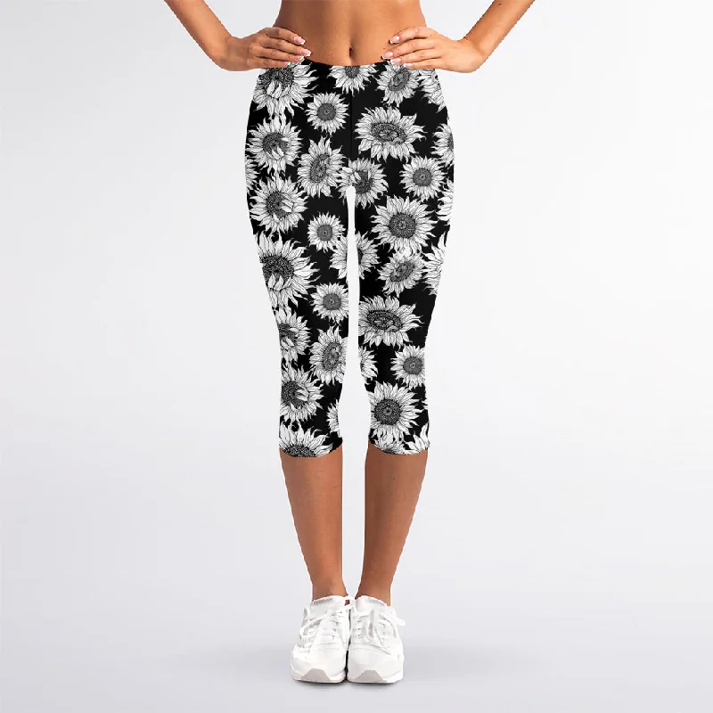 Time-Limited Offer Black And White Sunflower Pattern Print Women's Capri Leggings