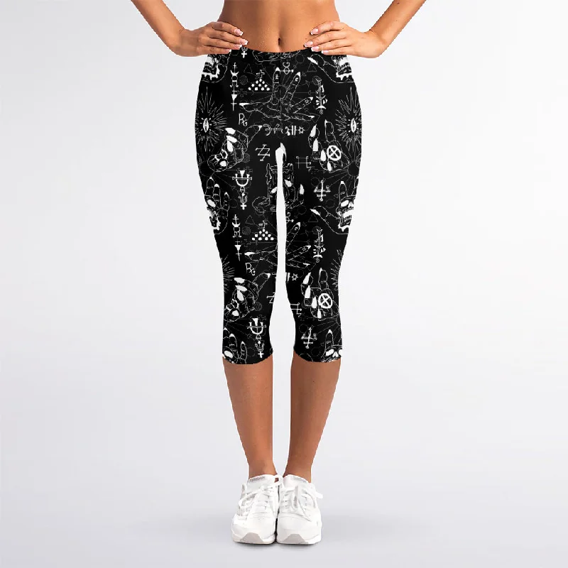 Take Advantage Black And White Supernatural Wicca Print Women's Capri Leggings