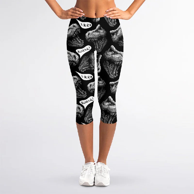 Special Price Black And White T-Rex Dinosaur Print Women's Capri Leggings