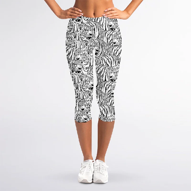 Online Only Black And White Tiger Pattern Print Women's Capri Leggings