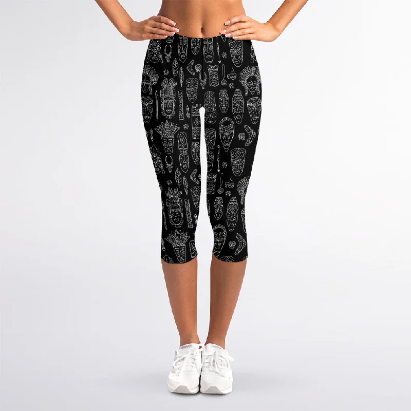 Major Savings Black And White Totem Pattern Print Women's Capri Leggings