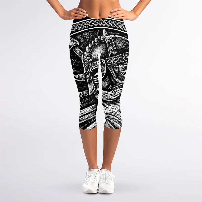 Special Savings Black And White Viking God Odin Print Women's Capri Leggings