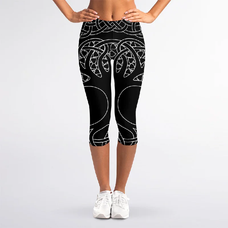 One-DAY Sale Black And White Viking Yggdrasil Print Women's Capri Leggings