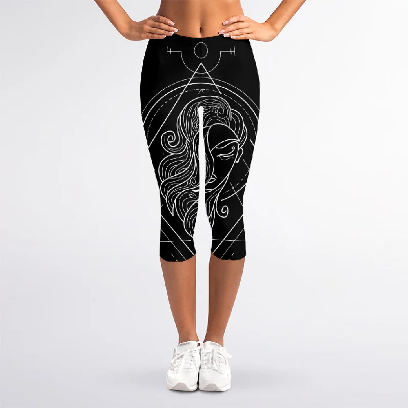 Daily Specials Black And White Virgo Sign Print Women's Capri Leggings
