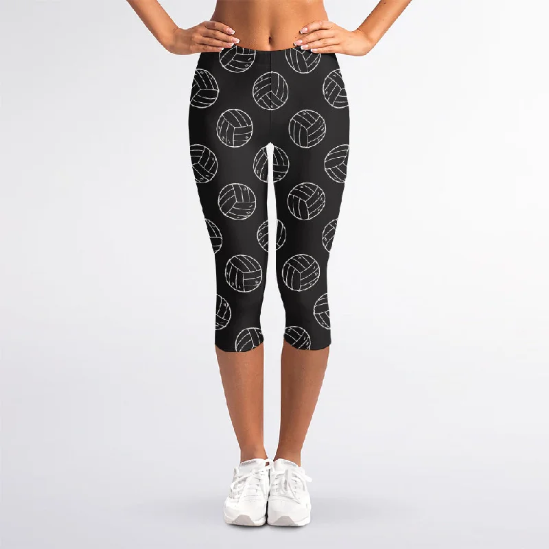 Flash Deals Black And White Volleyball Pattern Print Women's Capri Leggings