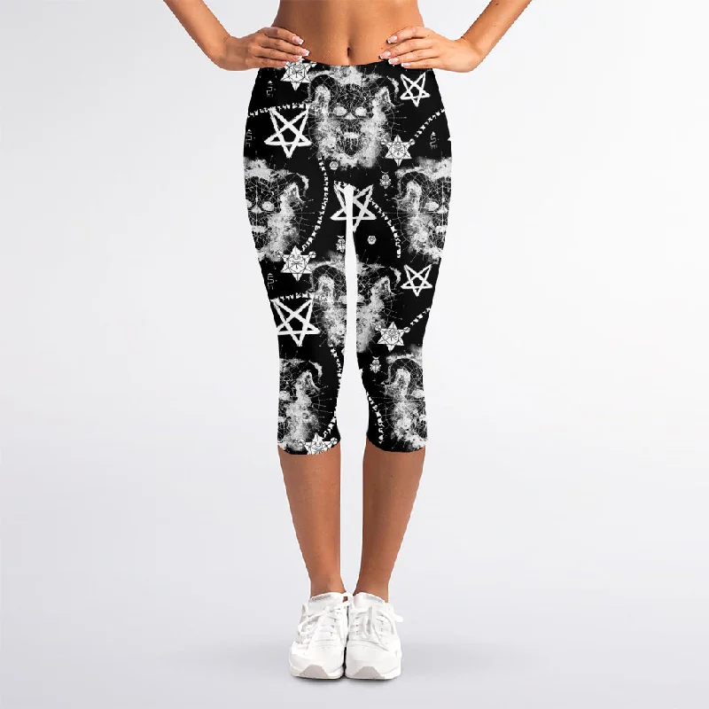 Discount Mania Black And White Wicca Devil Skull Print Women's Capri Leggings