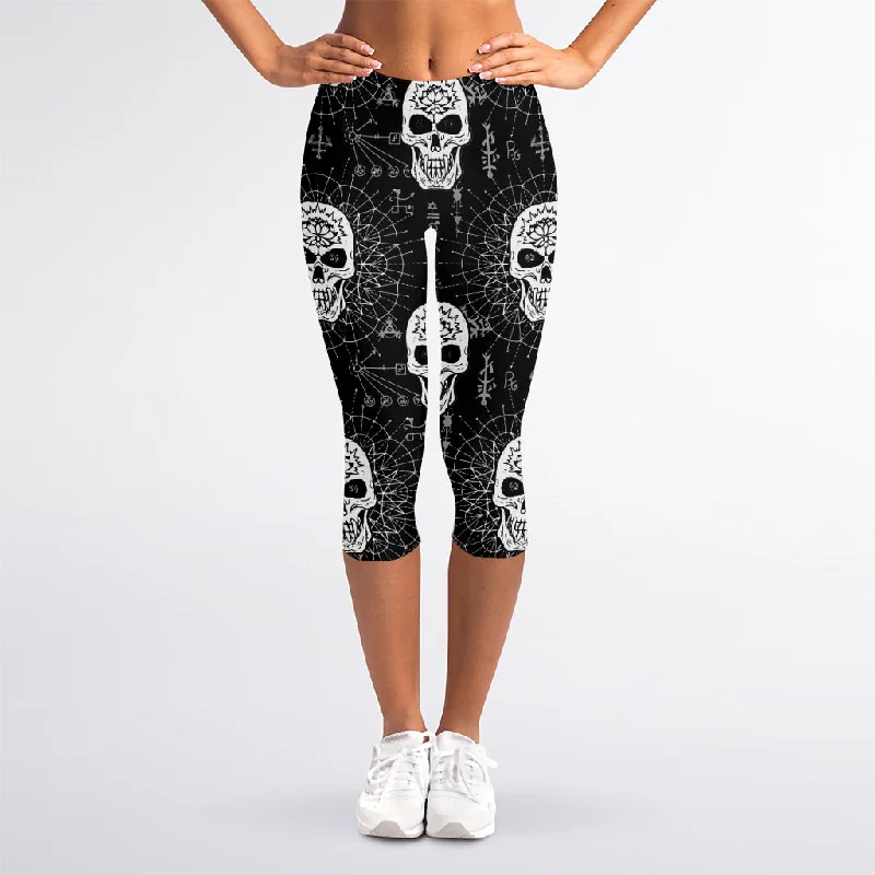 Buy More, Save More Black And White Wicca Evil Skull Print Women's Capri Leggings