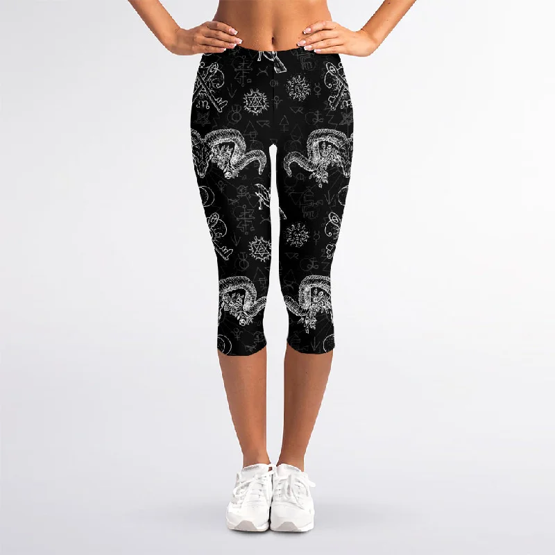 Today’s Deal Black And White Wicca Gothic Print Women's Capri Leggings