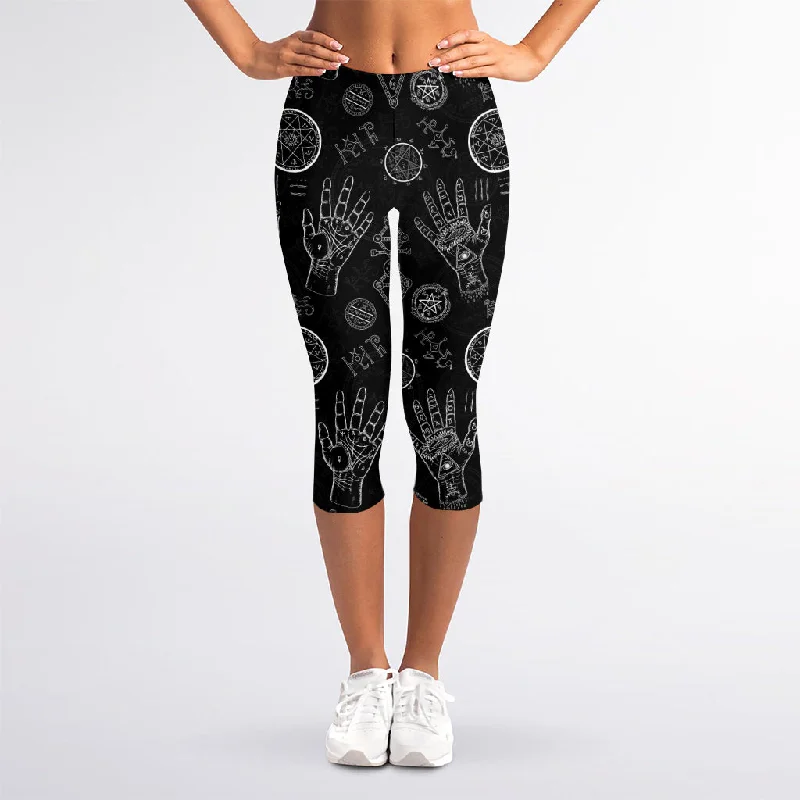 Special Discount Black And White Wiccan Palmistry Print Women's Capri Leggings