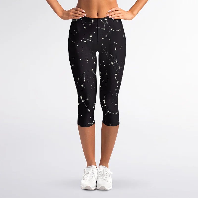 Major Savings Black And White Zodiac Stars Print Women's Capri Leggings