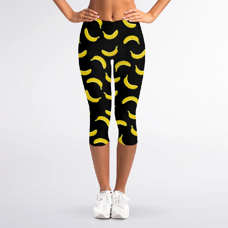 Low Prices Black And Yellow Banana Pattern Print Women's Capri Leggings