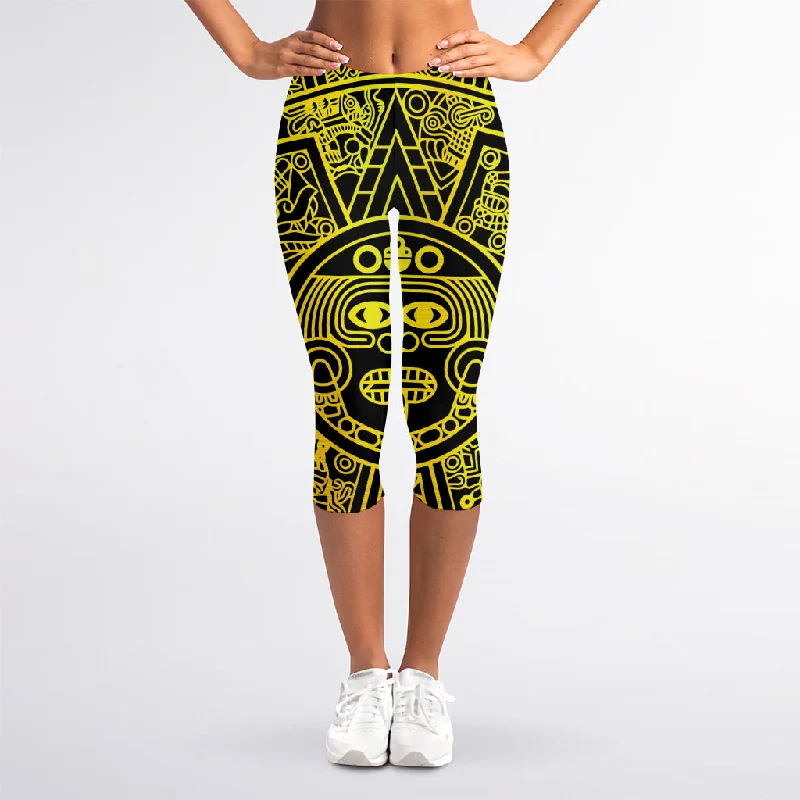Extra Savings Black And Yellow Maya Calendar Print Women's Capri Leggings