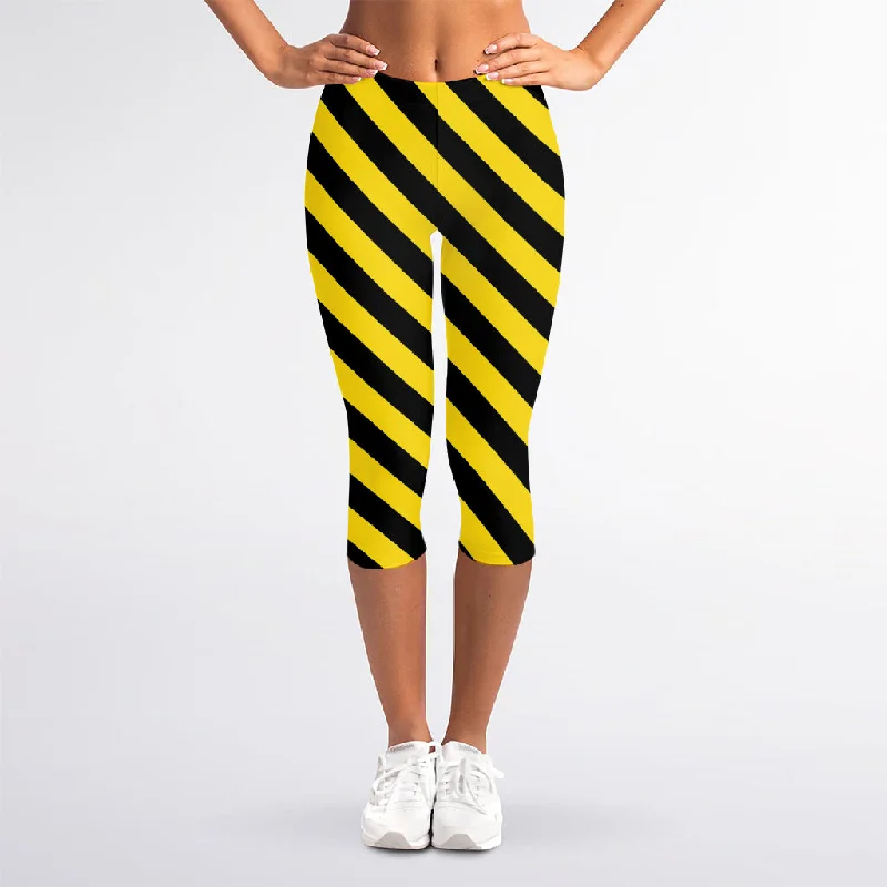 Price Smash Black And Yellow Warning Striped Print Women's Capri Leggings
