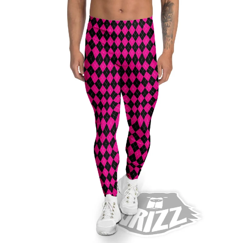 Last Chance Black Argyle And Deep Pink Print Pattern Men's Leggings
