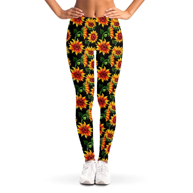 One-DAY Sale Black Autumn Sunflower Pattern Print Women's Leggings