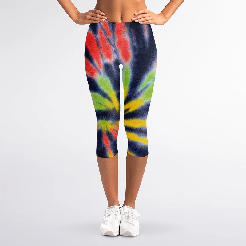 Big Discounts Black Backed Spiral Tie Dye Print Women's Capri Leggings